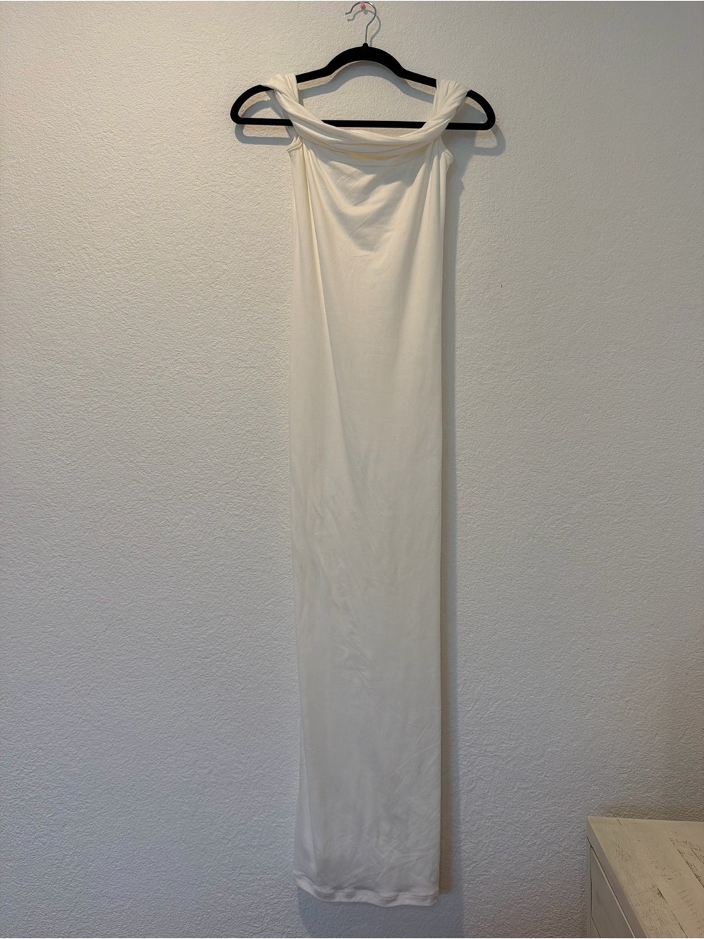 Off-Shoulder Cream Maxi Dress with Draped Neckline